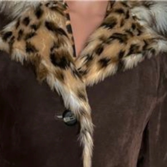 Guess Brown Leather Jacket with Animal Print Trim - Picture 8 of 12